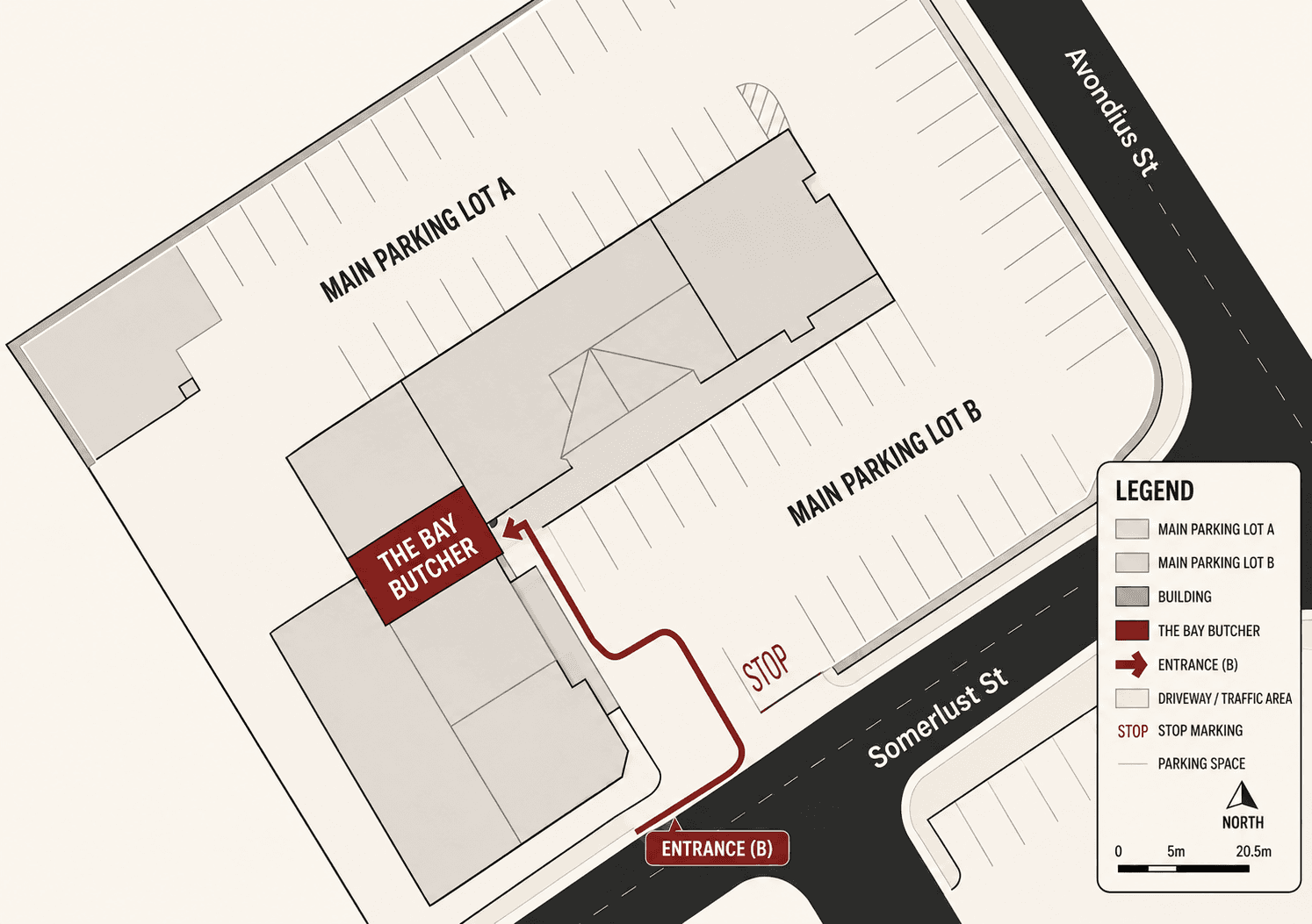 Shopping center map showing The Bay Butcher at Entrance B, tucked into the corner by Somerlust Street and Avondius Street
