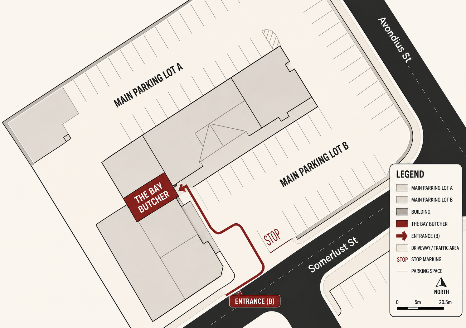 Shopping center map showing The Bay Butcher at Entrance B, tucked into the corner by Somerlust Street and Avondius Street